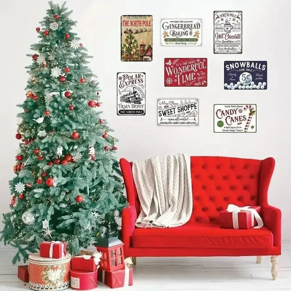 Metal Tin Sign “Welcome To The North Pole” Santa Reindeer Sleigh Christmas Tree